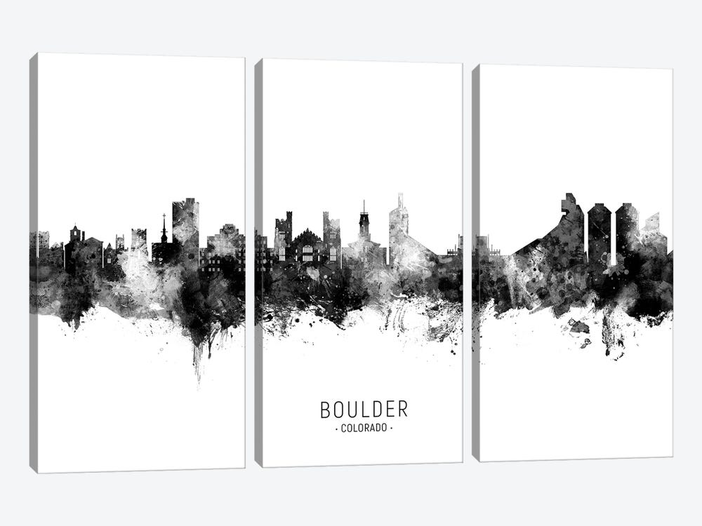 Boulder Colorado Skyline Name In Black And White by Michael Tompsett 3-piece Canvas Wall Art