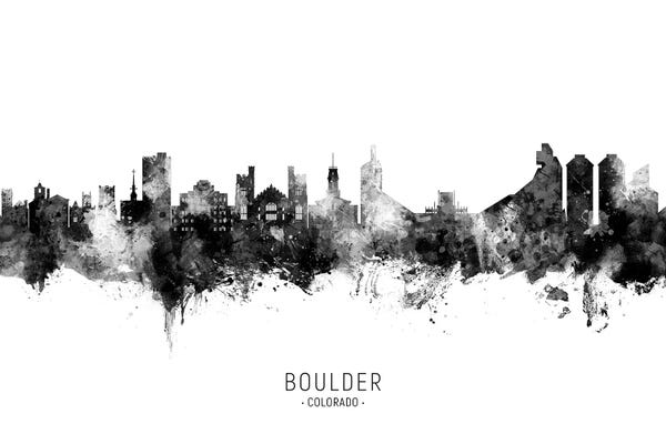 Colorado: Boulder Colorado Skyline Name In Black And White by Michael Tompsett