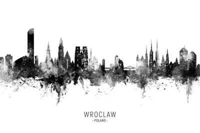Wroclaw Poland Skyline Name In Black & White by Michael Tompsett multi panel art