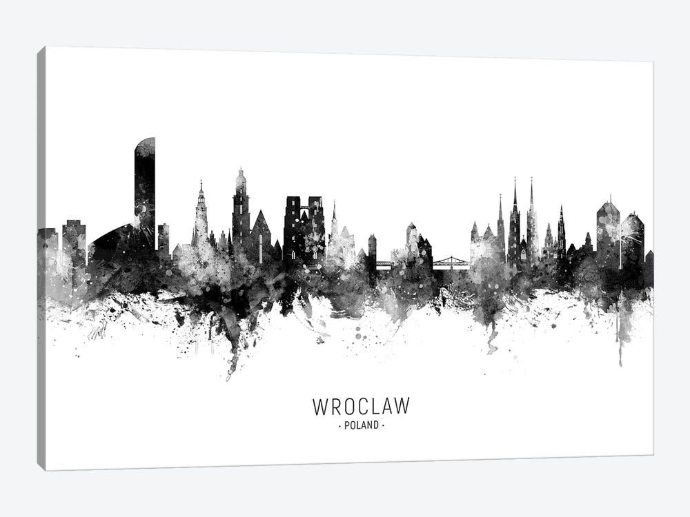 Wroclaw Poland Skyline Name In Black & White by Michael Tompsett 1-piece Canvas Art