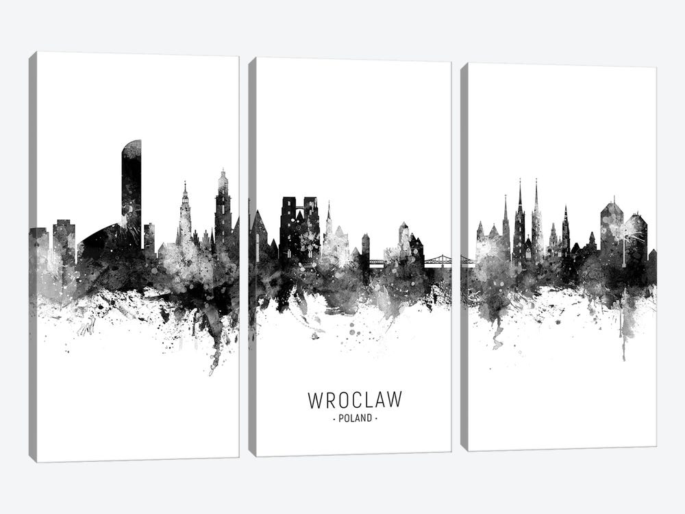Wroclaw Poland Skyline Name In Black & White 3-piece Canvas Artwork