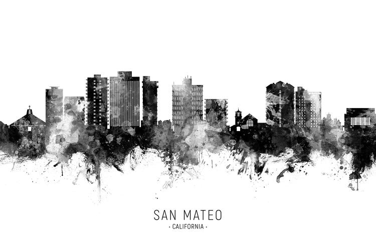 San Mateo California Skyline Name In Black & White by Michael Tompsett wall art
