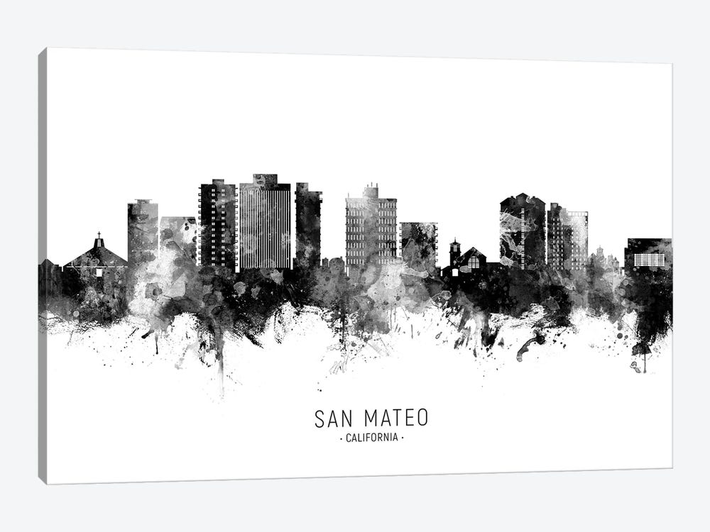 San Mateo California Skyline Name In Black & White by Michael Tompsett 1-piece Canvas Art Print