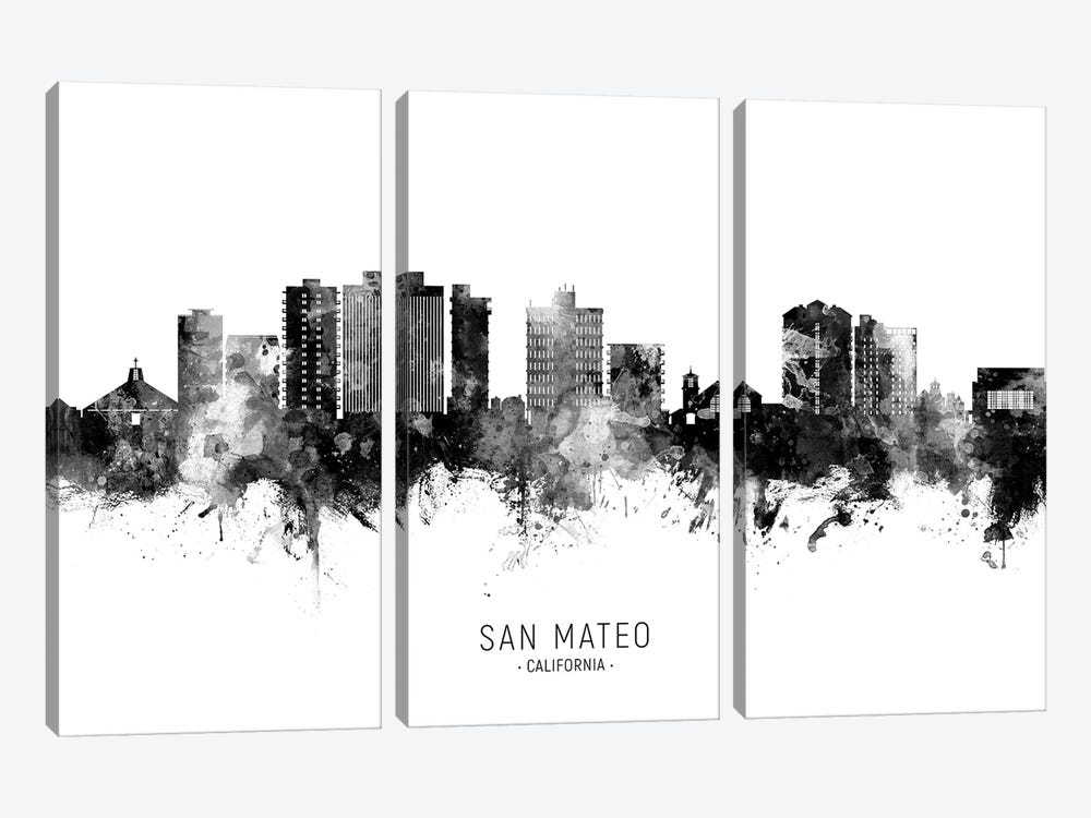 San Mateo California Skyline Name In Black & White by Michael Tompsett 3-piece Canvas Art Print