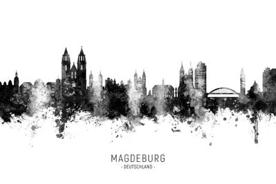 Magdeburg Deutschland Skyline Name In Black & White by Michael Tompsett canvas print