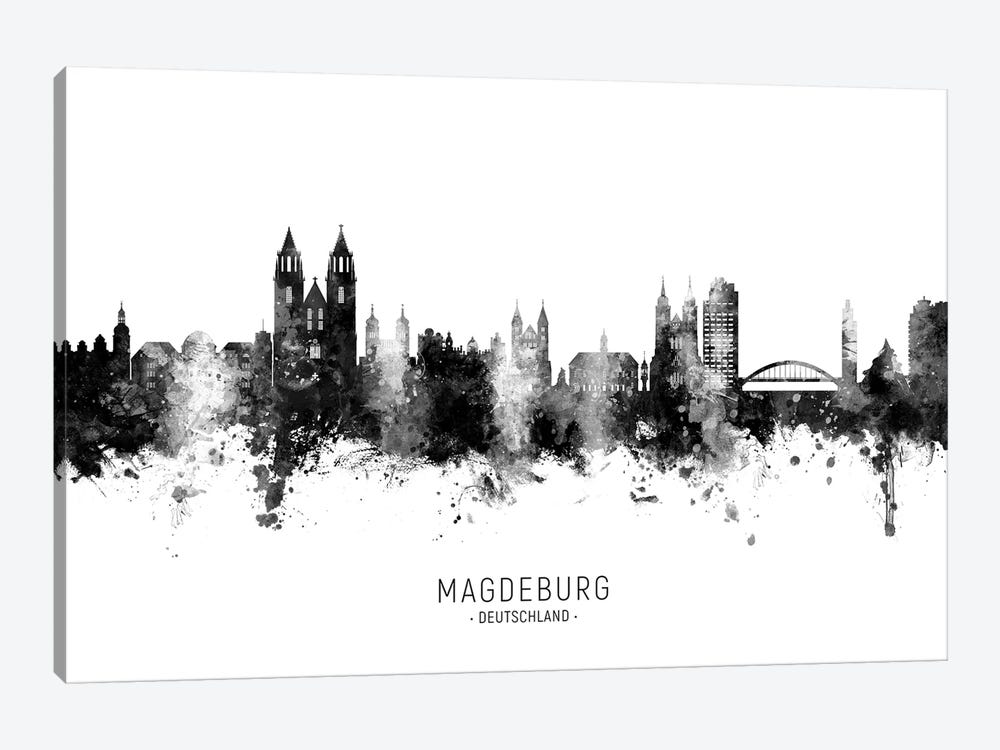 Magdeburg Deutschland Skyline Name In Black & White by Michael Tompsett 1-piece Canvas Print