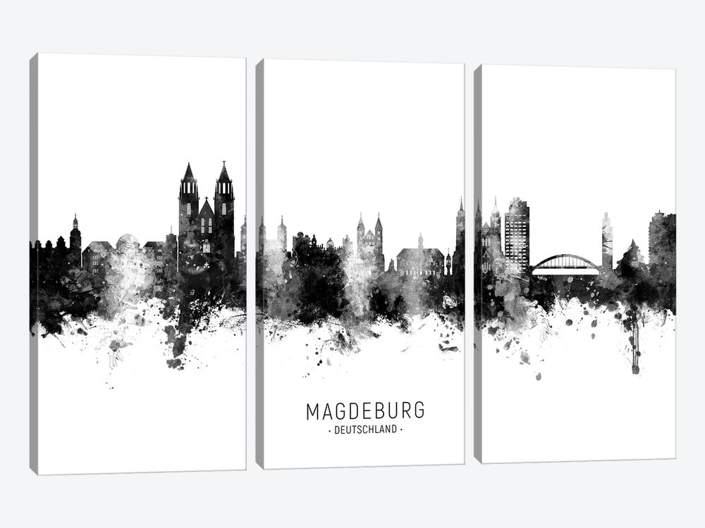 Magdeburg Deutschland Skyline Name In Black & White by Michael Tompsett 3-piece Art Print