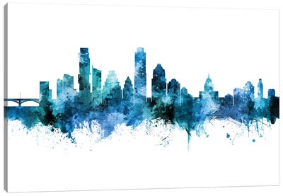 Austin Texas Skyline Blue Teal II Canvas Art Print - Michael Tompsett