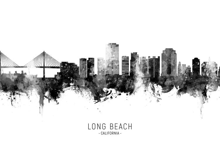 Long Beach California Skyline Name Bw