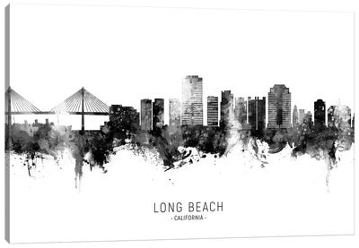 Long Beach California Skyline Name Bw Canvas Art Print - Michael Tompsett