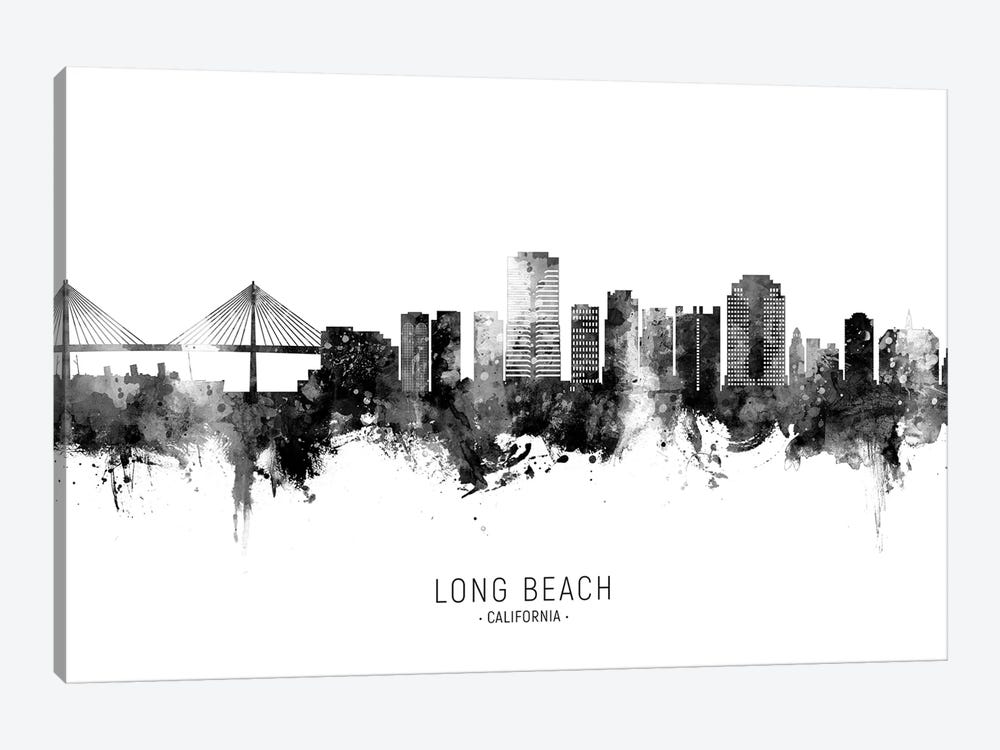 Long Beach California Skyline Name Bw by Michael Tompsett 1-piece Canvas Artwork
