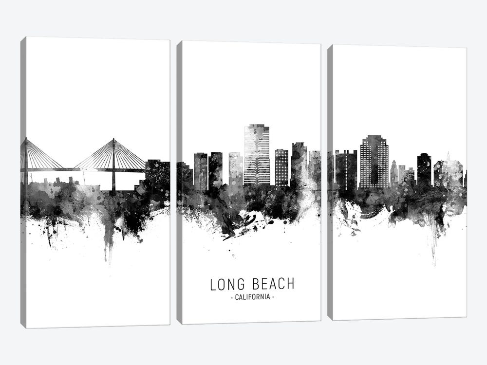 Long Beach California Skyline Name Bw by Michael Tompsett 3-piece Canvas Artwork