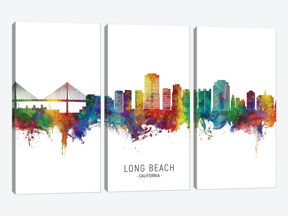 Long Beach California Skyline City Name by Michael Tompsett 3-piece Canvas Art Print