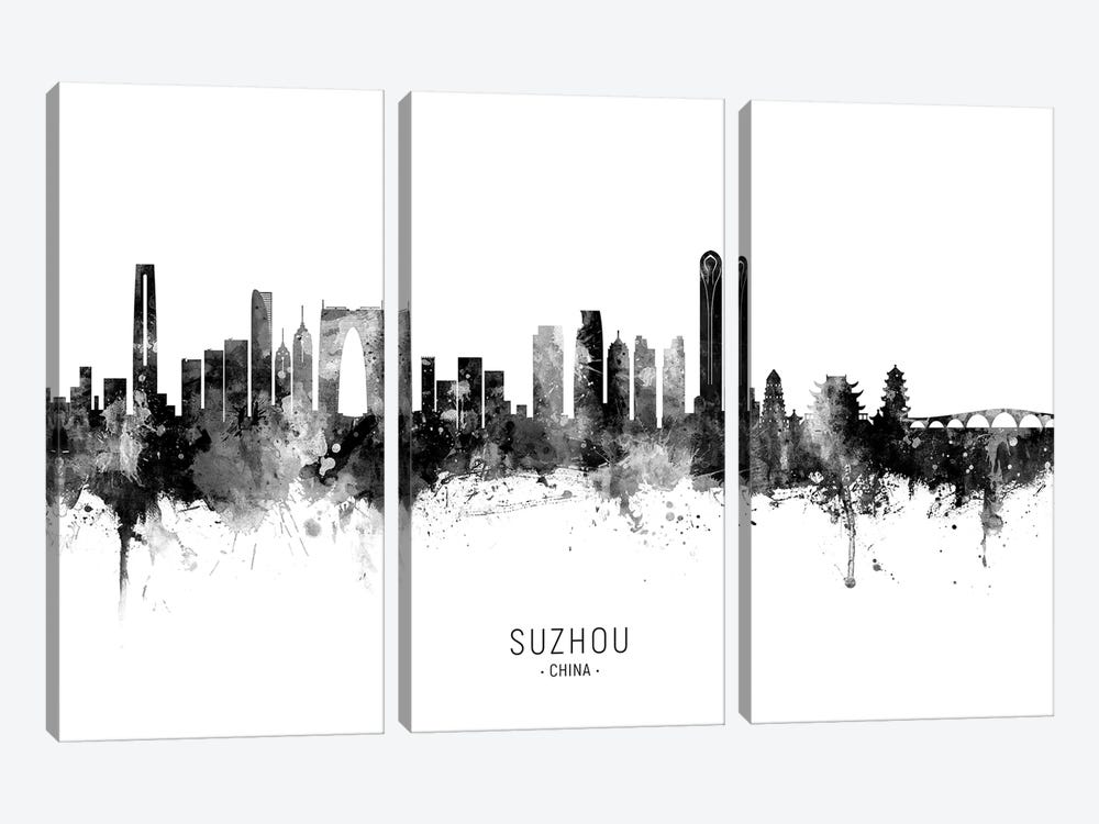 Suzhou China Skyline Name Bw by Michael Tompsett 3-piece Canvas Art Print