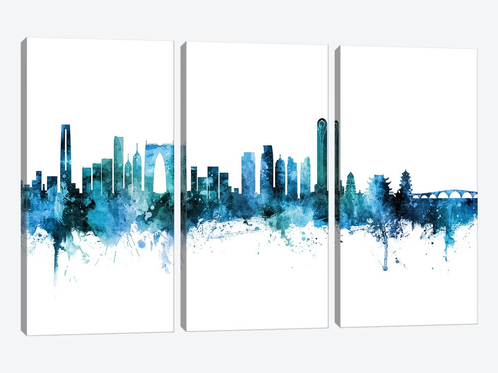 Suzhou China Skyline Blue Teal by Michael Tompsett 3-piece Canvas Print