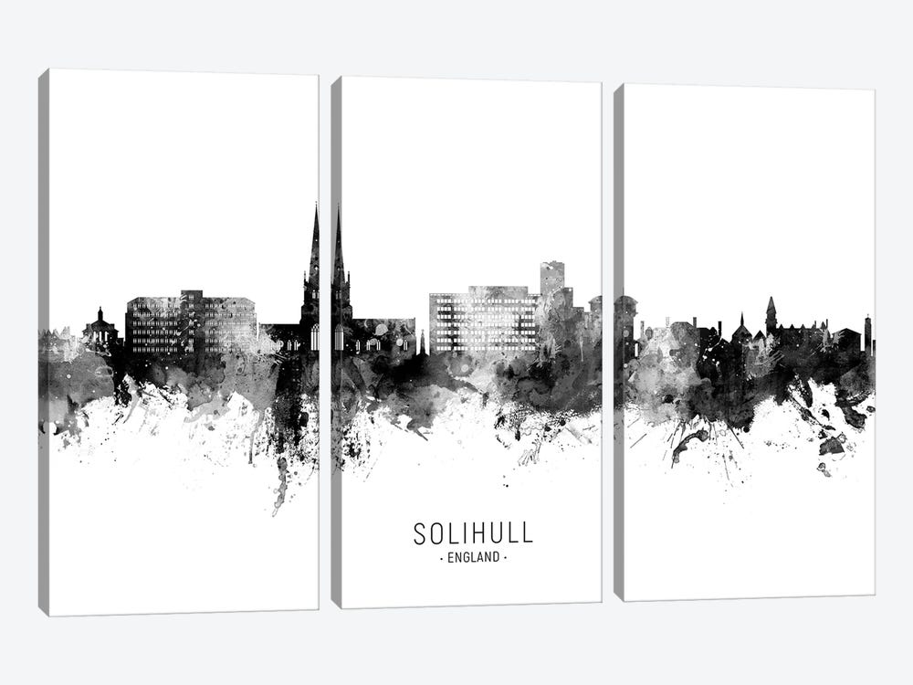 Solihull England Skyline Name In Black & White by Michael Tompsett 3-piece Canvas Art
