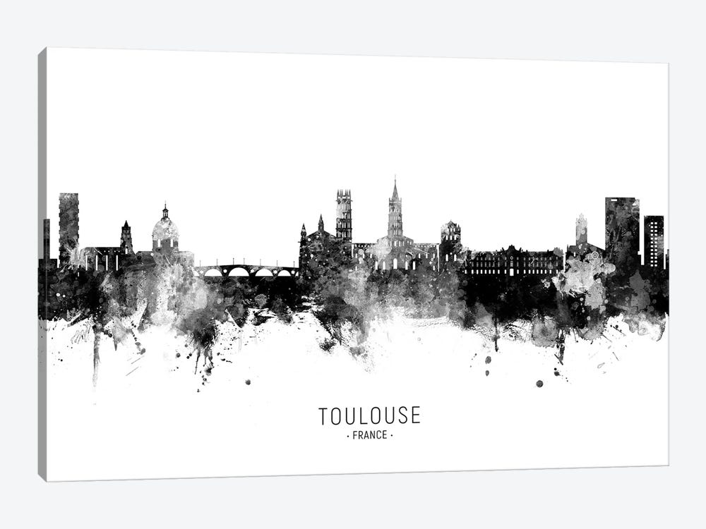 Toulouse France Skyline Name In Black & White by Michael Tompsett 1-piece Canvas Wall Art