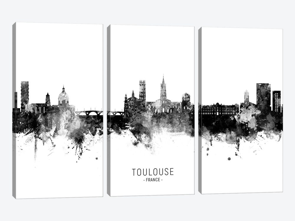 Toulouse France Skyline Name In Black & White by Michael Tompsett 3-piece Canvas Art