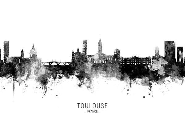 Occitania: Toulouse France Skyline Name In Black & White by Michael Tompsett