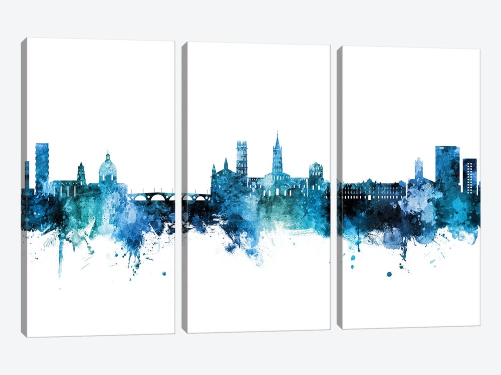 Toulouse France Skyline Blue Teal by Michael Tompsett 3-piece Canvas Wall Art