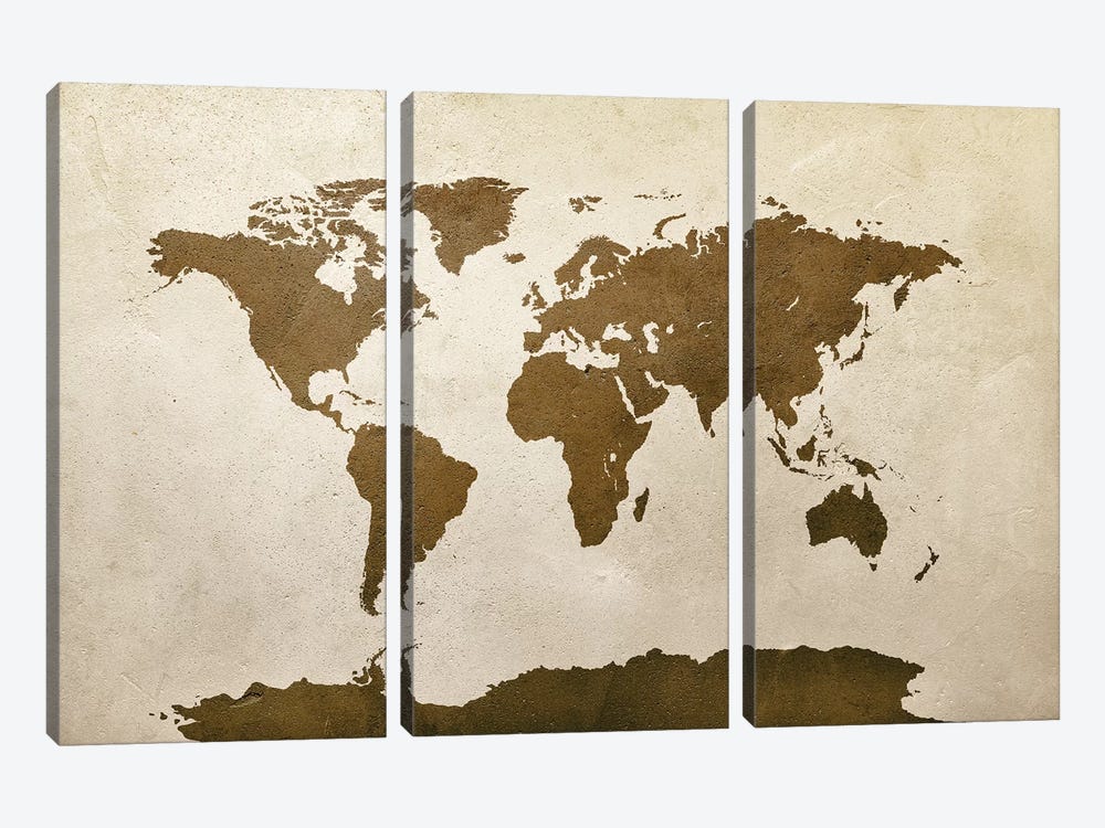 ﻿World Map Brown by Michael Tompsett 3-piece Canvas Art