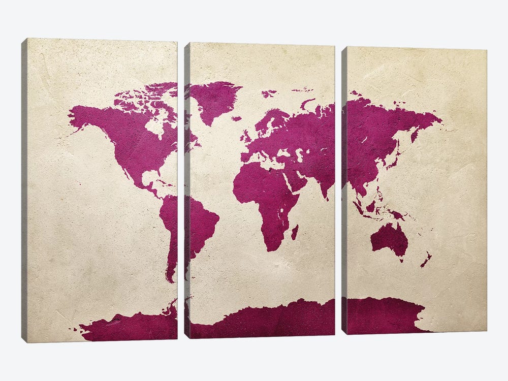 World Map Hot Pink by Michael Tompsett 3-piece Canvas Art Print