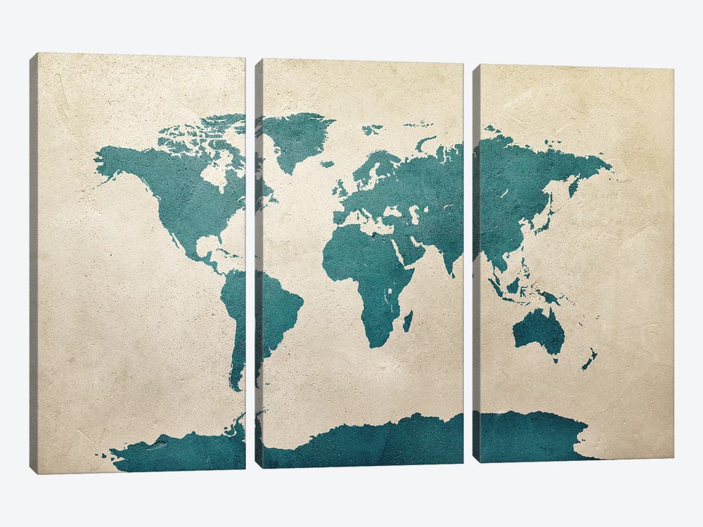 World Map Teal by Michael Tompsett 3-piece Canvas Art