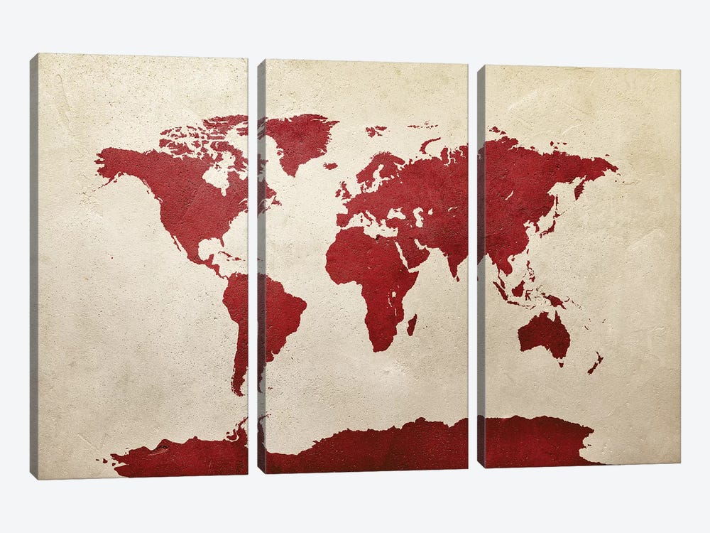 World Map Red by Michael Tompsett 3-piece Canvas Wall Art