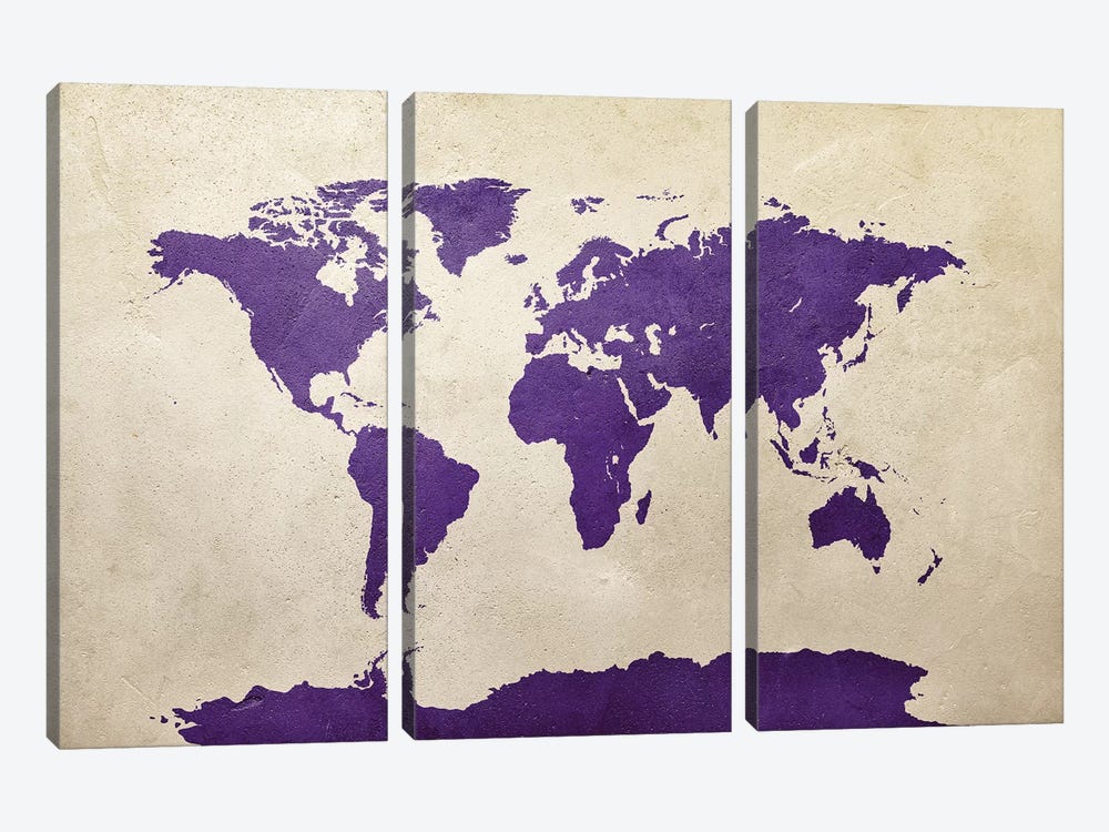 World Map Purple by Michael Tompsett 3-piece Canvas Art Print