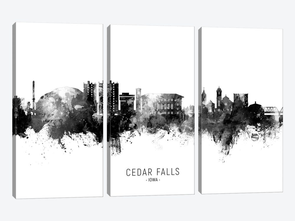 Cedar Falls Iowa Skyline Name Blank And White by Michael Tompsett 3-piece Canvas Art Print