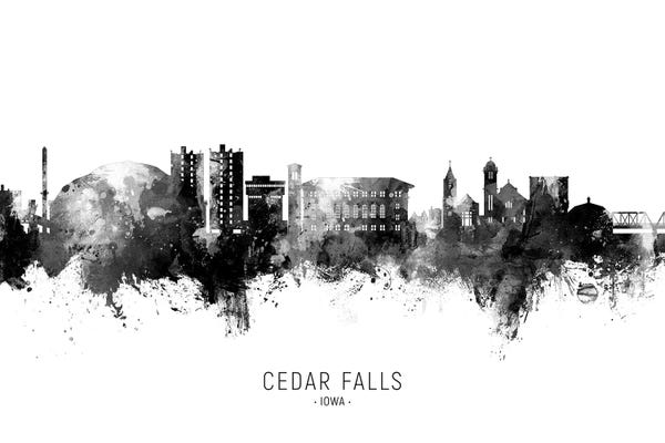 Iowa: Cedar Falls Iowa Skyline Name Blank And White by Michael Tompsett