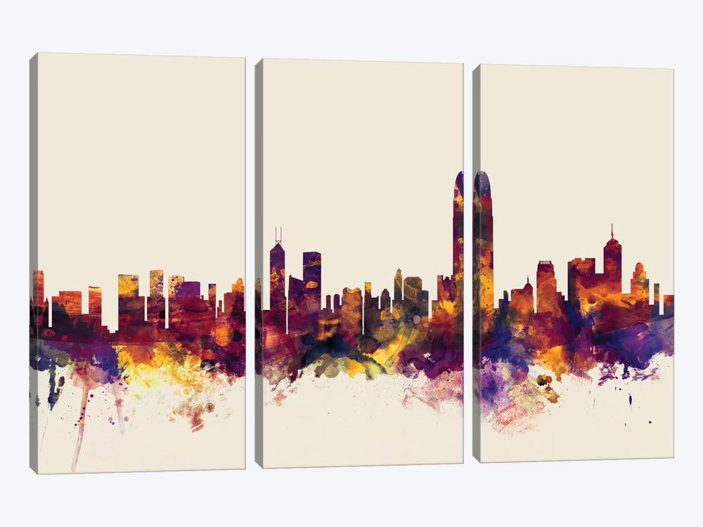 Hong Kong, People's Republic Of China On Beige by Michael Tompsett 3-piece Canvas Artwork