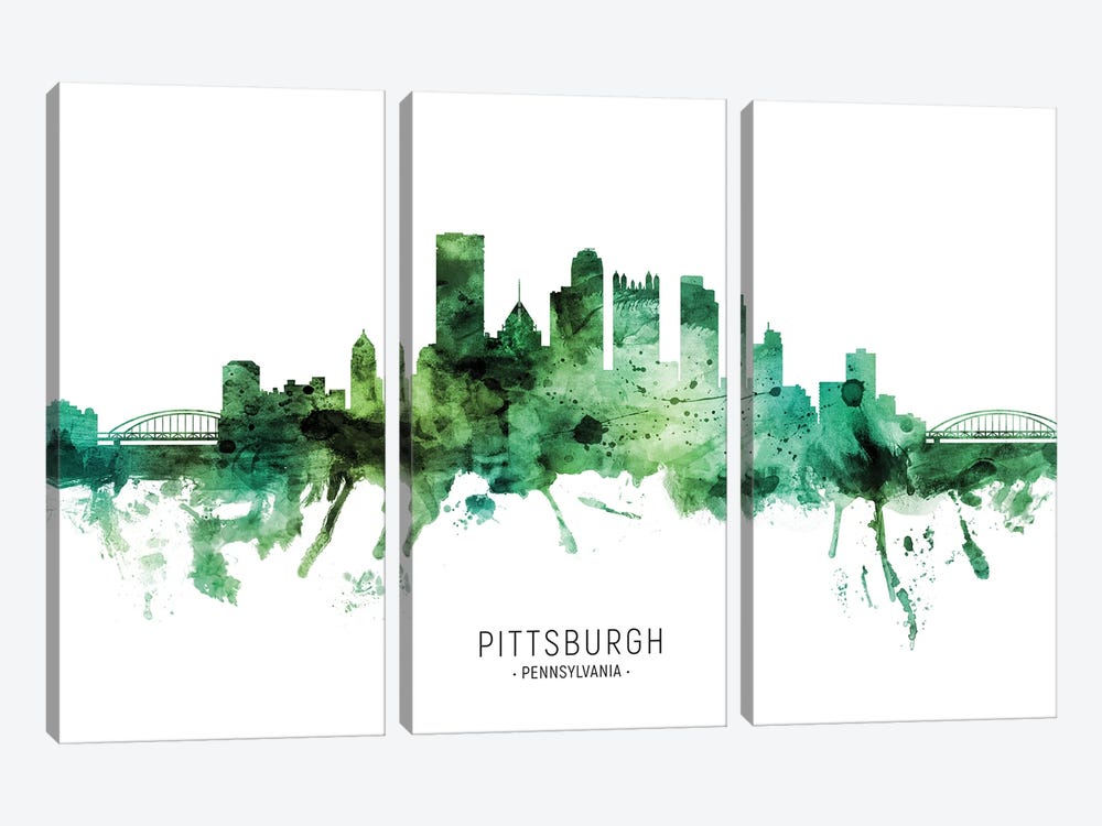 Pittsburgh Pennsylvania Skyline Green by Michael Tompsett 3-piece Canvas Wall Art