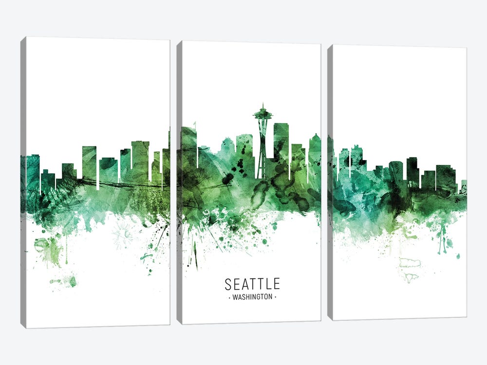 Seattle Washington Skyline Green by Michael Tompsett 3-piece Canvas Art