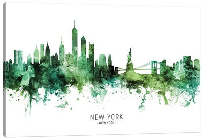 New York New York Skyline Green Canvas Art Print - Famous Monuments & Sculptures