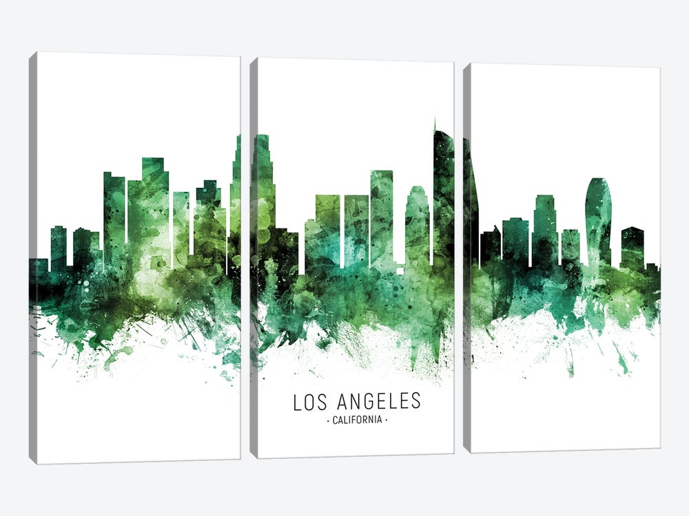 Los Angeles California Skyline Green by Michael Tompsett 3-piece Canvas Art Print
