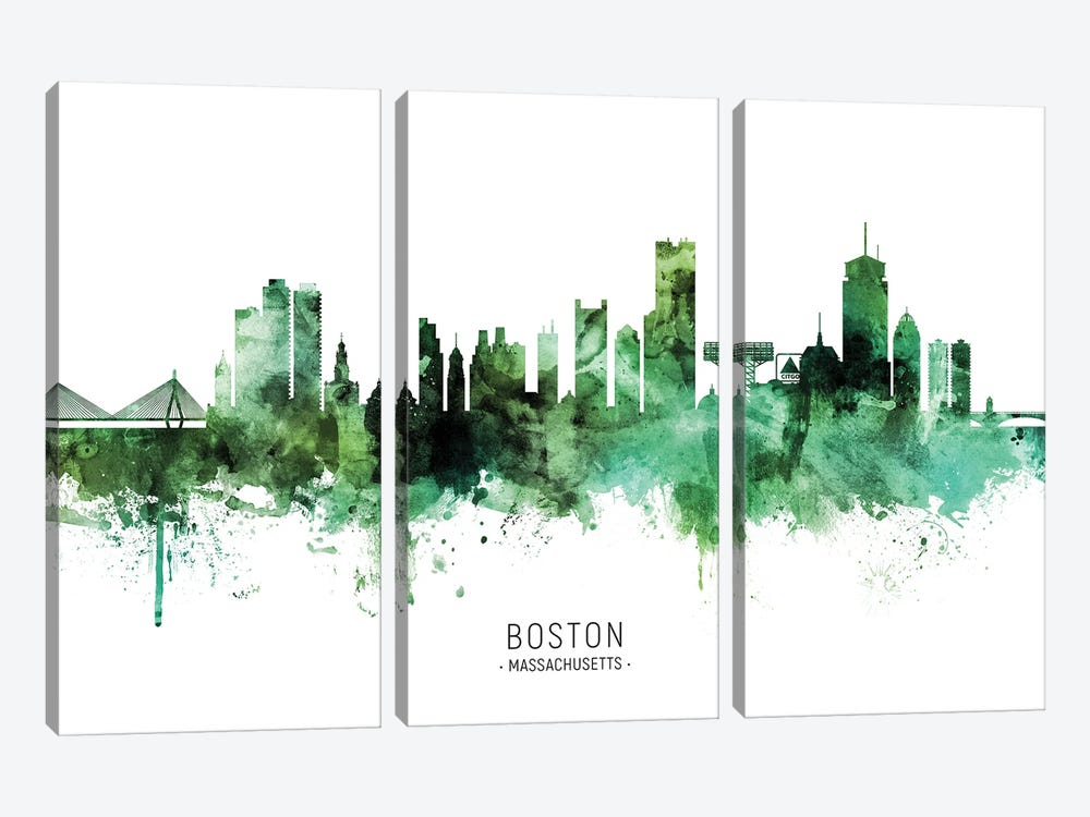 Boston Massachusetts Skyline Green by Michael Tompsett 3-piece Canvas Artwork