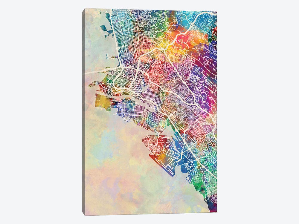 Oakland CA Map Color by Michael Tompsett 1-piece Canvas Wall Art