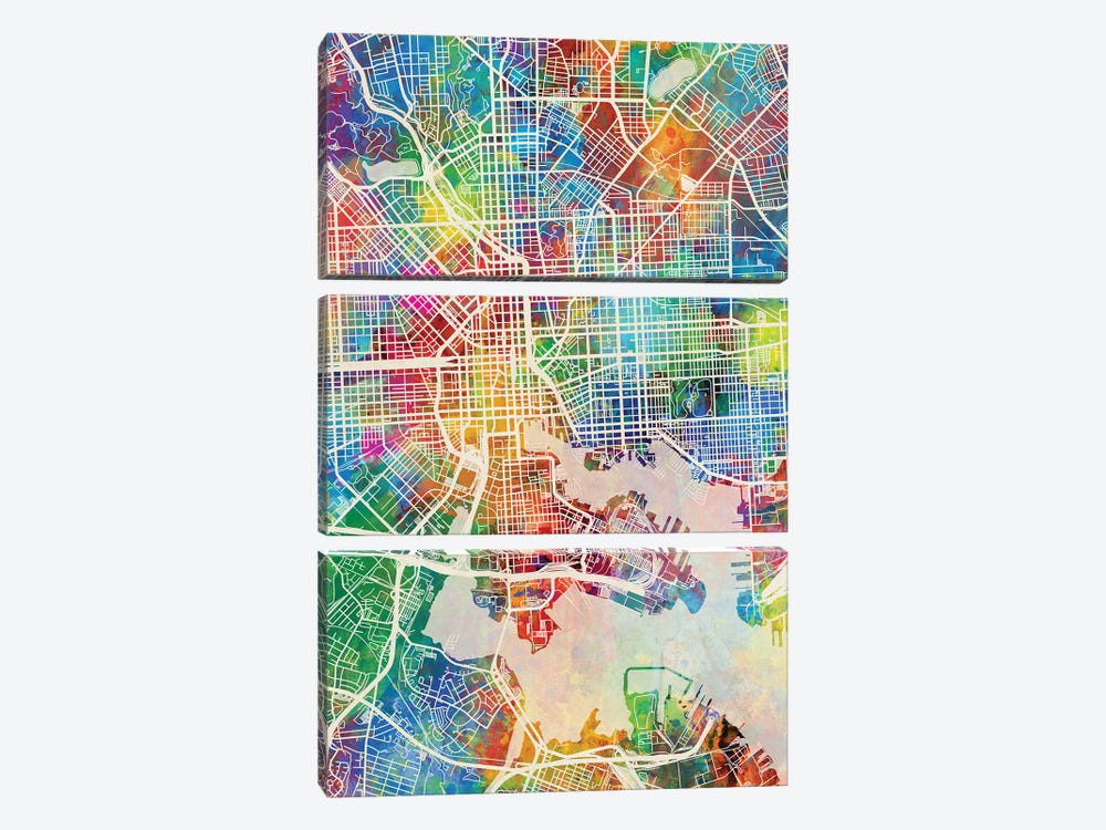 Baltimore MD Map Color 3-piece Canvas Art Print