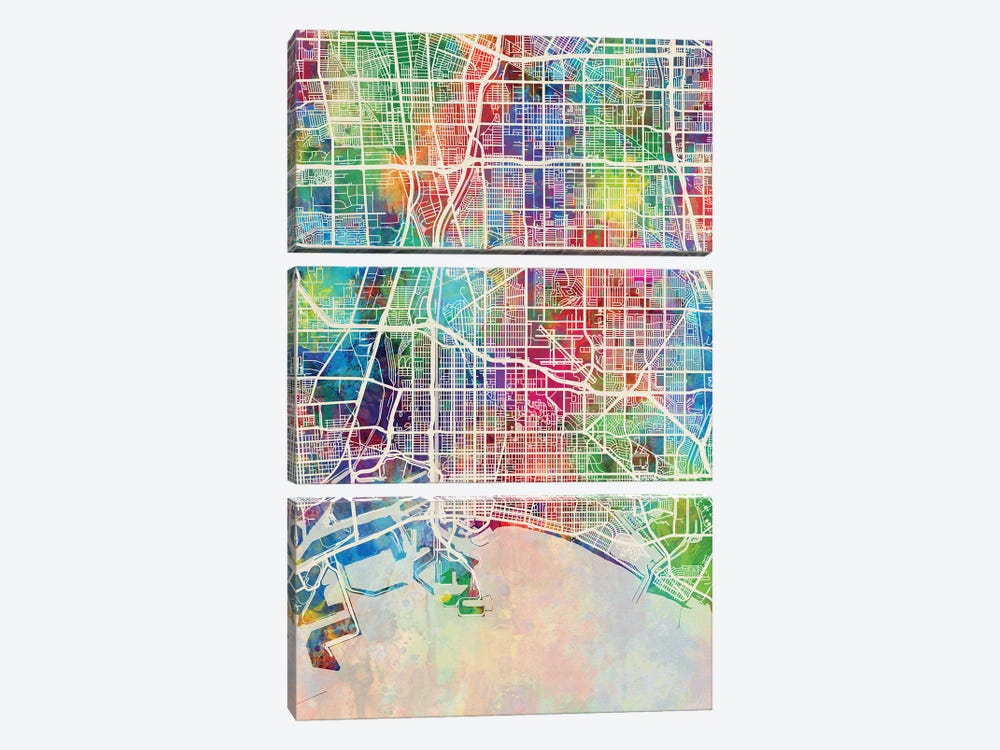 Long Beach CA Map Color by Michael Tompsett 3-piece Canvas Artwork