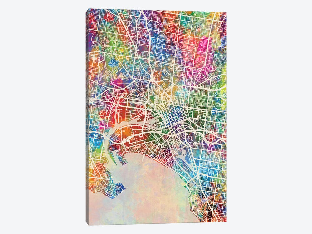 Melbourne Map Color by Michael Tompsett 1-piece Canvas Wall Art