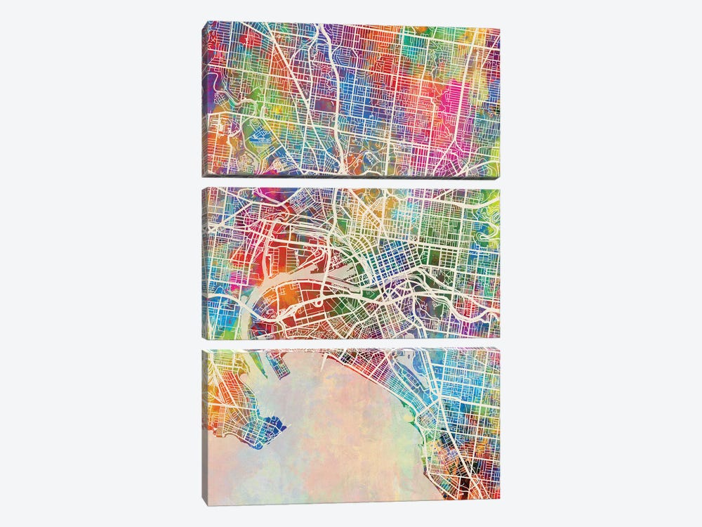 Melbourne Map Color by Michael Tompsett 3-piece Canvas Artwork