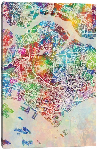 Singapore Map Color Canvas Art Print - Singapore Art