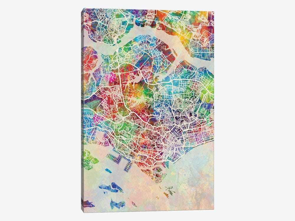 Singapore Map Color by Michael Tompsett 1-piece Canvas Print