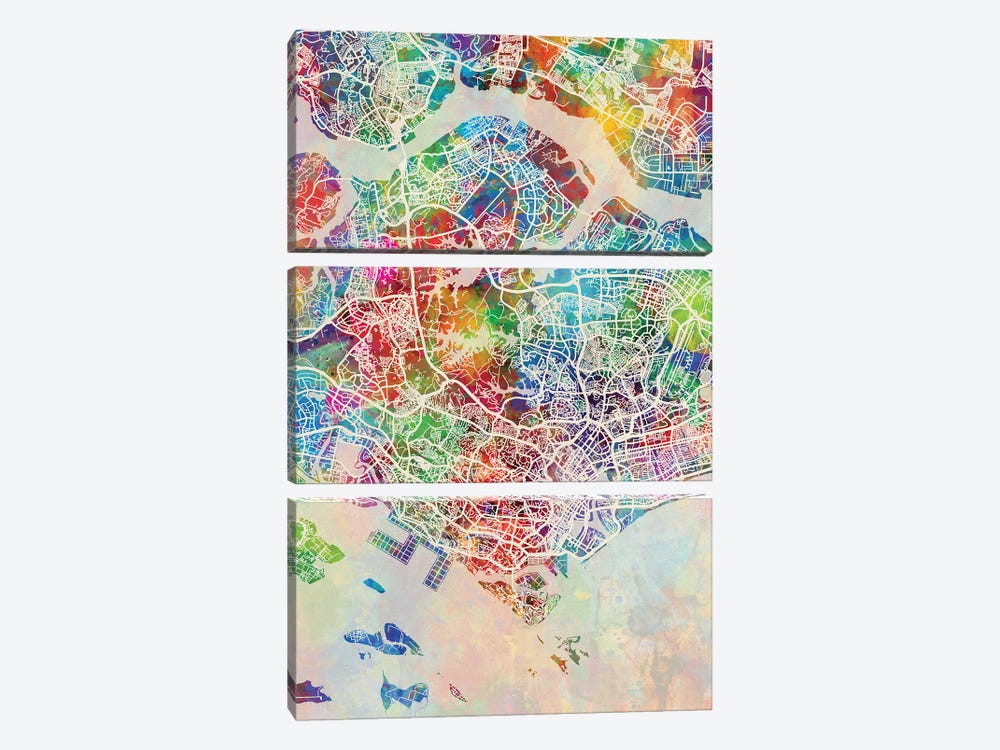 Singapore Map Color by Michael Tompsett 3-piece Art Print