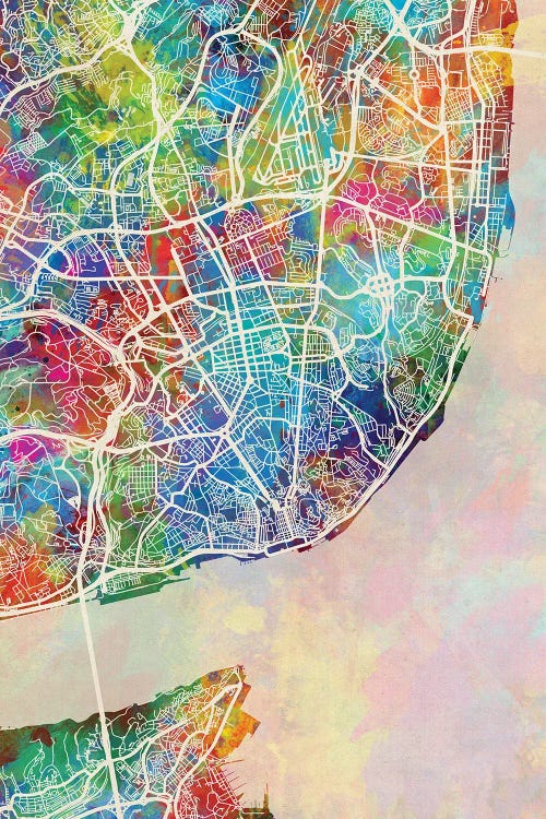 Lisbon Portugal Map Color by Michael Tompsett wall art