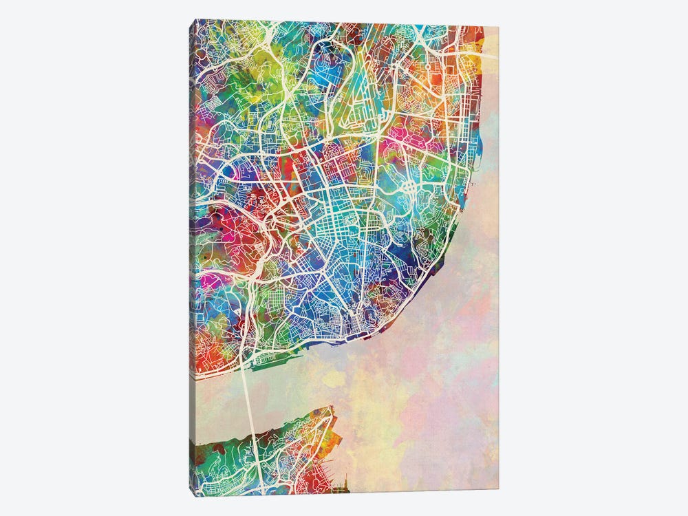 Lisbon Portugal Map Color by Michael Tompsett 1-piece Canvas Print