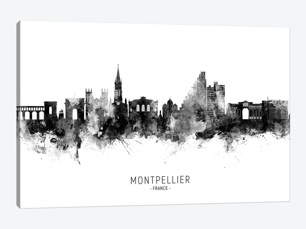 Montpellier France Skyline Name BW by Michael Tompsett 1-piece Canvas Artwork