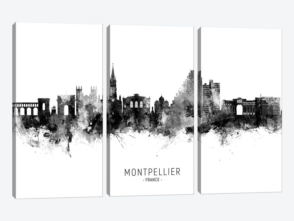 Montpellier France Skyline Name BW by Michael Tompsett 3-piece Canvas Artwork