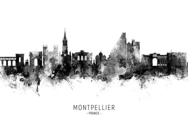 Occitania: Montpellier France Skyline Name BW by Michael Tompsett